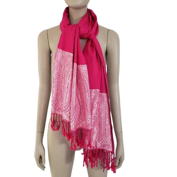 Cashmere Womens Scarf Wrap Pink Paisley 24 x 66 Inches Tassled Multi Use - Picture 2 of 6